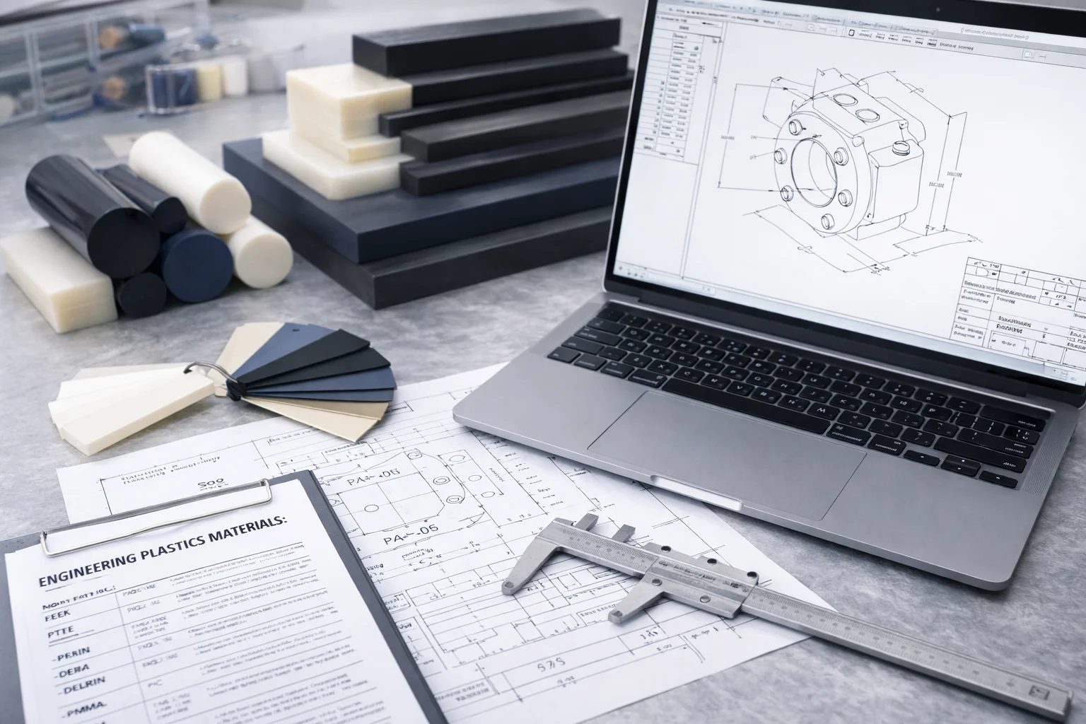 CNC-koneistetut muoviosat teknisten piirustusten ja tarkkuustyökalujen kanssa