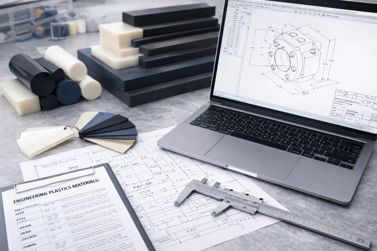 CNC machined plastic parts with technical drawings and precision tools