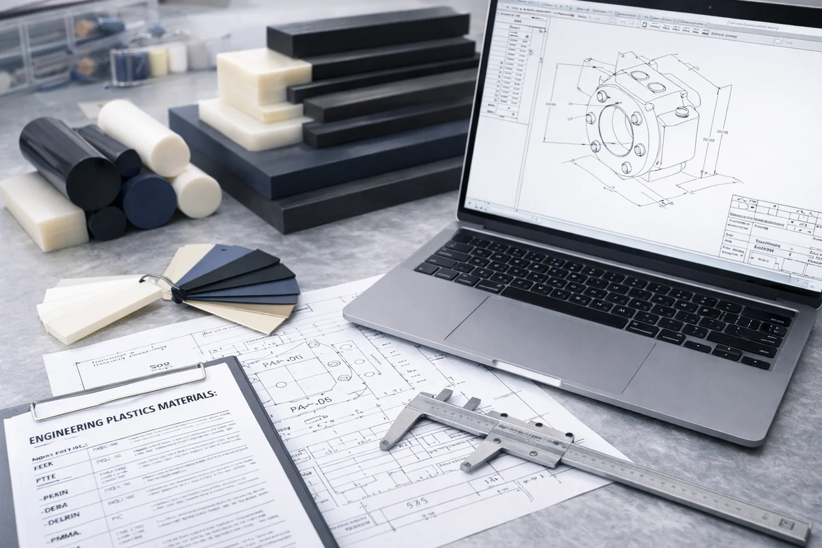 CNC machined plastic parts with technical drawings and precision tools